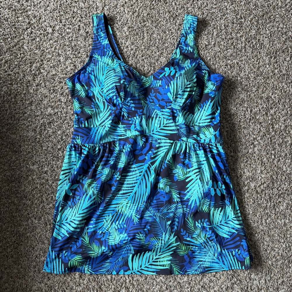 Swimsuits For All Plus Size 26 Blue Green Floral Tropical Swimsuit Swim Dress